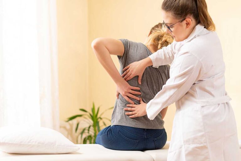 A chiropractor gently examining a patient's posture in a calming clinic environment.